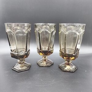 Vintage FOSTORIA Virginia Brown Paneled Smoke Glass Ice Tea 7" Goblet (Set of 3)